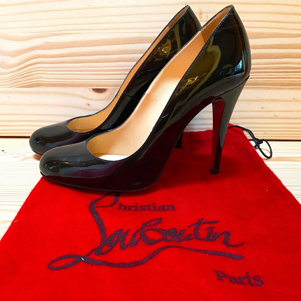 Christian Louboutin rounded toe spike heel black patent leather pumps